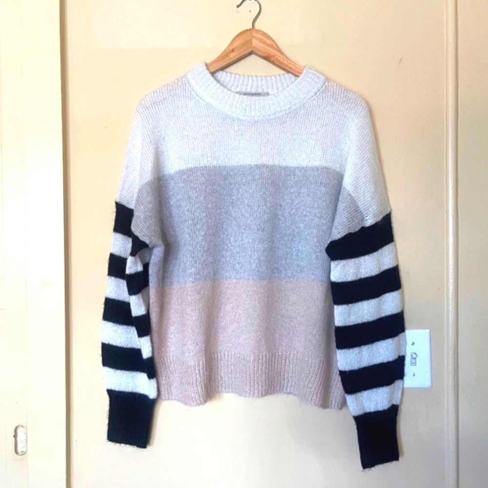 All Saints Striped Sweater In Black, Gray, And Cream